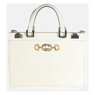 Gucci Mystic White Grainy Calfskin Medium Zumi Top Handle Bag