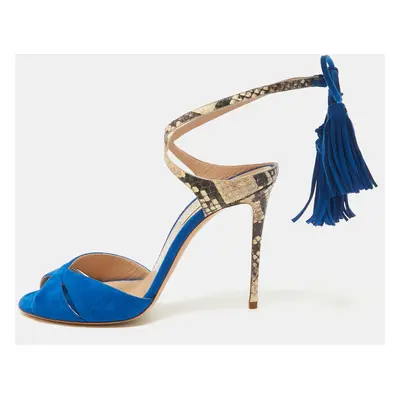 Casadei Blue Python Embossed Leather and Suede Tassel Ankle Strap Sandals Size 39.5