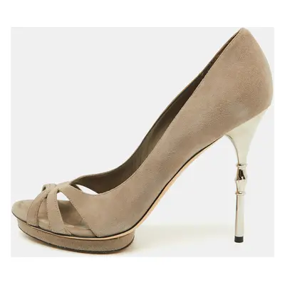 Gucci Grey Suede Bamboo Heel Open Toe Pumps Size 39.5