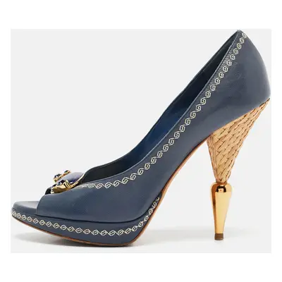 Dior Navy Blue Leather Peep Toe Raffia Heel Pumps Size 38.5