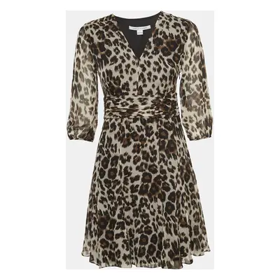 Diane Von Furstenberg Brown Leopard Print Silk Flared Mini Dress