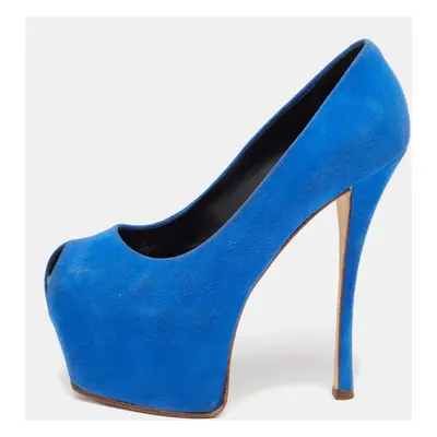 Giuseppe Zanotti Blue Suede Sharon Peep Toe Platform Pumps Size 36.5