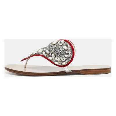 Miu Miu Silver/Red Glitter and Suede Crystals Embellished Flats Size