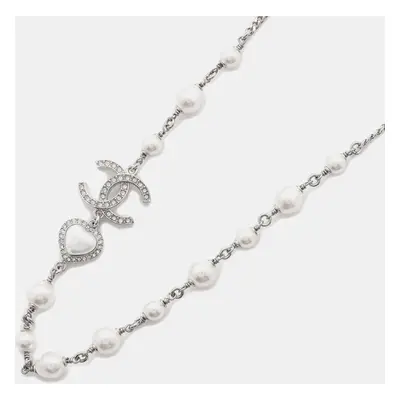 Chanel Silver Faux Pearl Rhinestone C Logo Heart Necklace