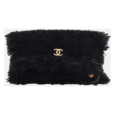 Chanel Black Tweed Fringe Paris Clutch Bag