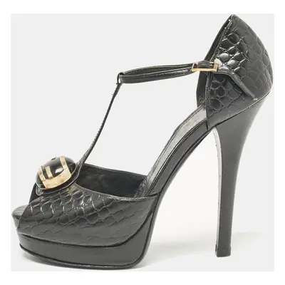 Fendi Black Croc Embossed Leather Peep Toe Sandals Size