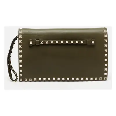 Valentino Olive Green Leather Rockstud Flap Clutch