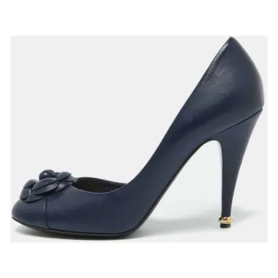 Chanel Navy Blue Leather Camellia Accent D'orsay Pumps Size