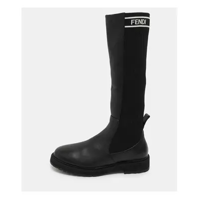 Fendi Black Leather and Stretch Fabric Logo Rockoko Calf Length Boots Size