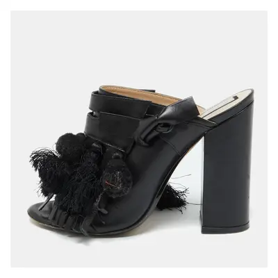 Nº21 Black Leather Tassel Fringe Block Heel Mules Size