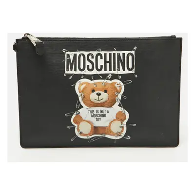 Moschino Black Teddy Bear Print Coated Canvas Medium Clutch