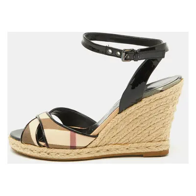 Burberry Beige/Black Nova Check PVC and Patent Leather Espadrille Wedge Sandals Size