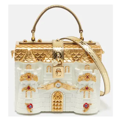 Dolce & Gabbana Gold/White Acrylic and Snakeskin Castle Dolce Box Top Handle Bag