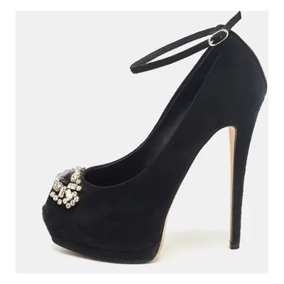 Giuseppe Zanotti Black Suede Crystal Embellished Peep Toe Pumps Size