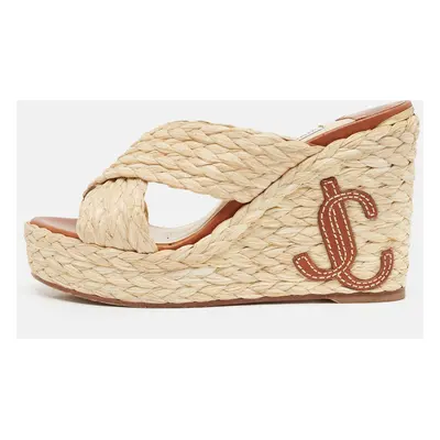 Jimmy Choo Beige Raffia Dovina Wedge Sandals Size