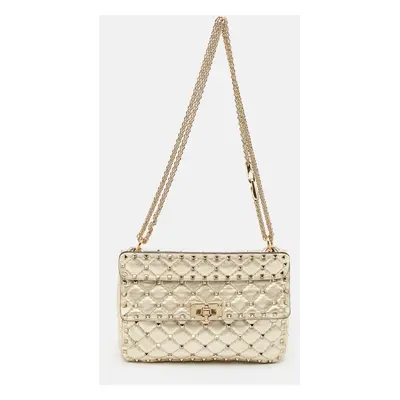 Valentino Gold Quilted Leather Medium Rockstud Spike Top Handle Bag