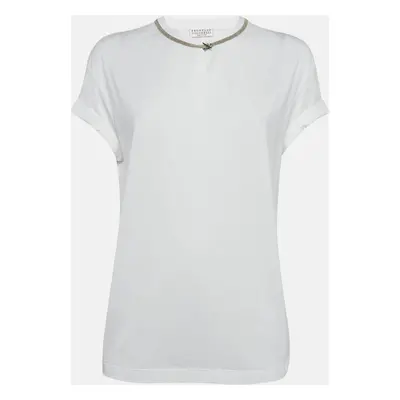 Brunello Cucinelli White Monili Neck Detail Cotton Roll-Up Sleeve T-Shirt