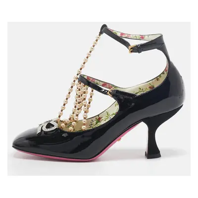 Gucci Black Patent Leather Pearl Embellished T Strap Pumps Size