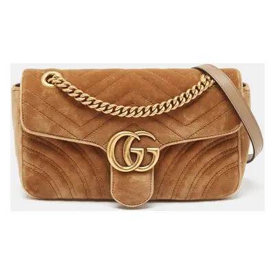 Gucci Beige Matelassé Velvet and Leather Small GG Marmont Shoulder Bag