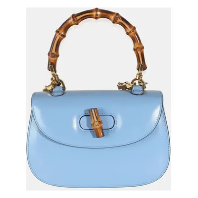 Gucci Blue Boarded Dyana Lux Calfskin Web Small Bamboo Top Handle Bag