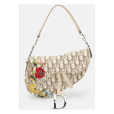 Dior Beige/White Oblique Canvas and Leather Floral Embroidered Saddle Shoulder Bag