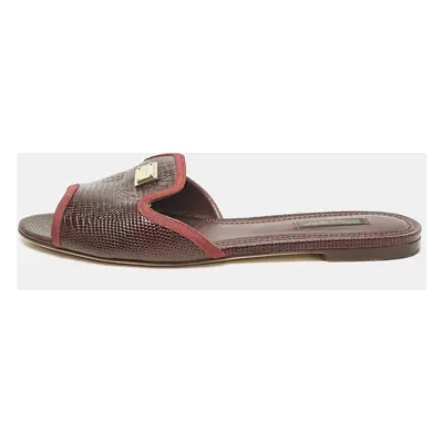 Dolce & Gabbana Burgundy Lizard Embossed Leather Sofia Flat Slides Size