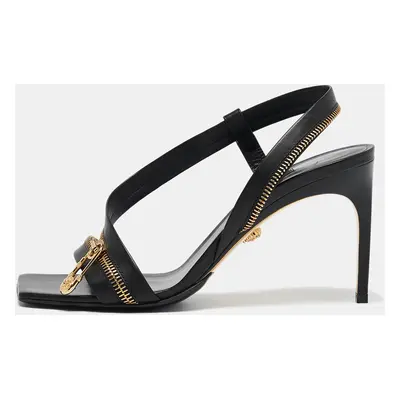 Versace Black Leather Safety Pin Zip Ankle Strap Sandals Size 37.5