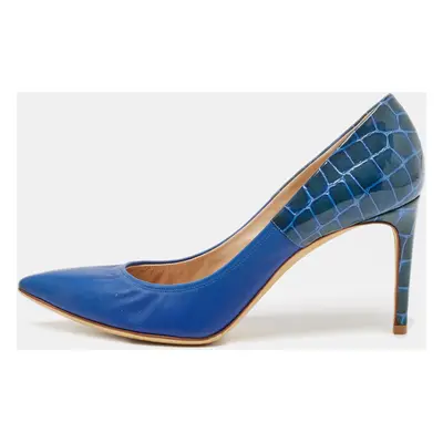 Casadei Blue Croc Embossed Patent Leather and Leather Pointed Toe Pumps Size 38.5