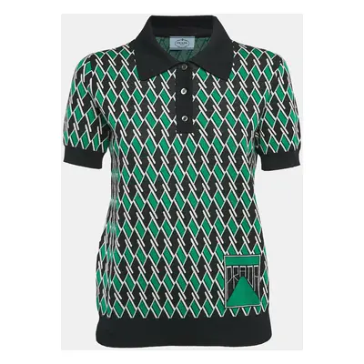 Prada Navy Green Jacquard Wool Knit Polo T-Shirt