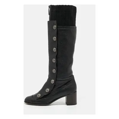 Chanel Black Fabric and Leather Knee Length Boots Size