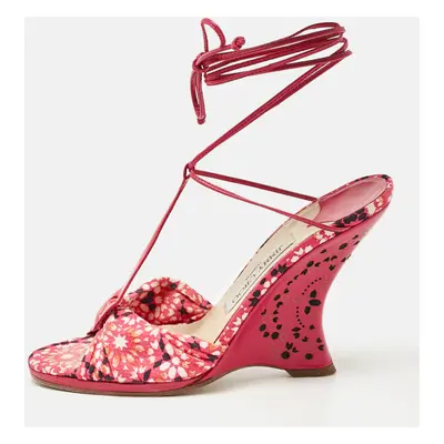 Jimmy Choo Pink Fabric and Leather Wedge Sandals Size