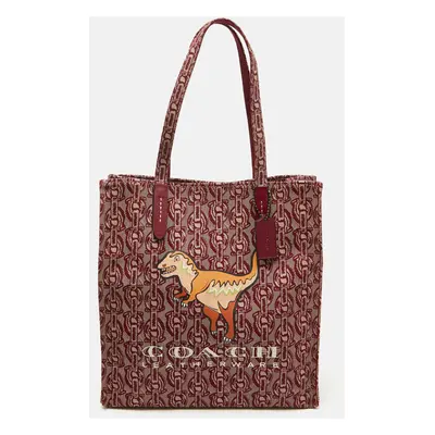 Coach Burgundy/Beige Canvas Rexy Dinosaur Print Shopper Tote