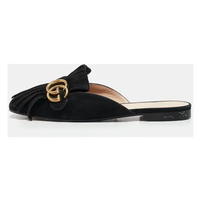 Gucci Black Suede GG Marmont Fringe Flat Mules Size 38.5