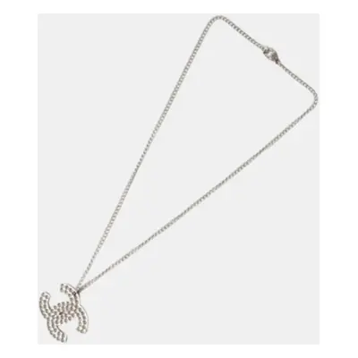 Chanel CC Crystals Silver Tone Pendant Necklace