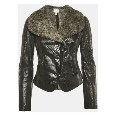 Armani Collezioni Black Snake Print Faux Leather and Fur Jacket