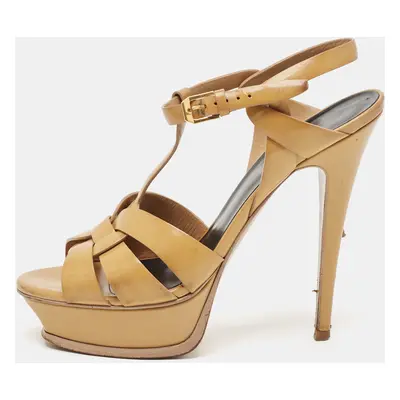 Saint Laurent Beige Patent Leather Tribute Platform Sandals Size