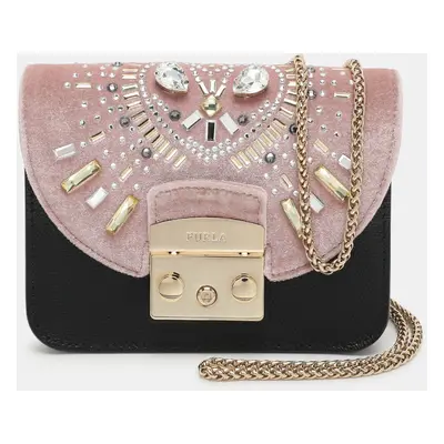 Furla Beige/Black Leather and Velvet Mini Metropolis Embellished Crossbody Bag