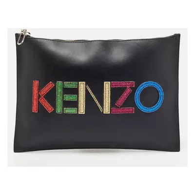 Kenzo Black Leather Logo Flat Zip Pouch