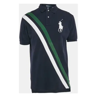 Polo Ralph Lauren Navy Blue Diagonal Stripe Pique Cotton Polo T-Shirt