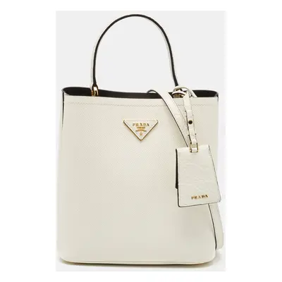 Prada White Crocodile and Saffiano Cuir Leather Medium Panier Top Handle Bag