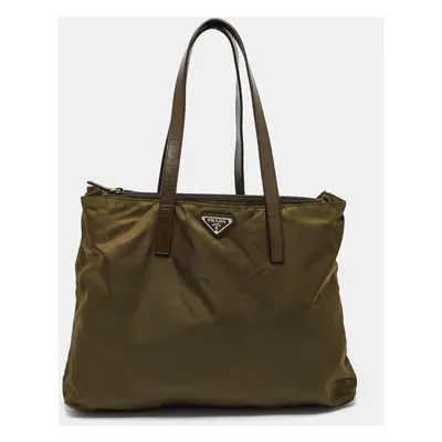 Prada Olive Green Nylon and Leather Shopper Tote