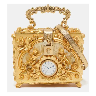 Dolce & Gabbana Gold Barocco Wood Clock Dolce Box Top Handle Bag