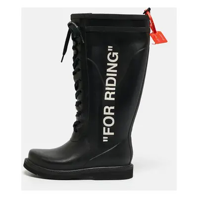 Off-White Black Rubber Quote-Motif Riding Boots Size