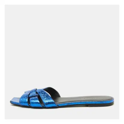 Saint Laurent Metallic Blue Leather Tribute Flat Sandals Size