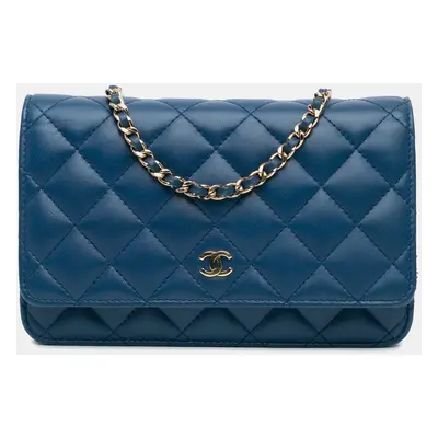 Chanel Blue CC Quilted Lambskin Wallet On Chain