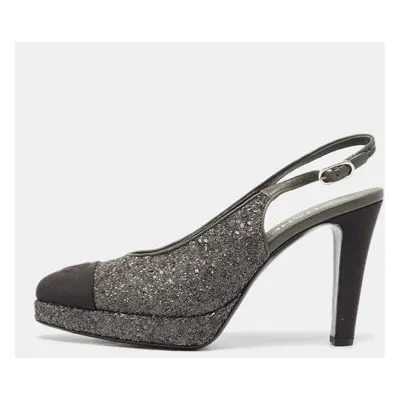 Chanel Grey Glitter CC Cap Toe Slingback Platform Sandals Size