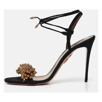 Aquazzura Black Suede Embellished Monaco Ankle Tie Sandals Size