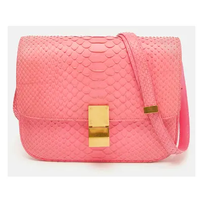 Celine Neon Pink Python Classic Box Flap Crossbody Bag