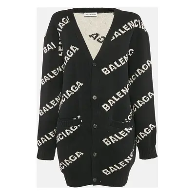 Balenciaga Black Logo Jacquard Knit Long Archetype Cardigan