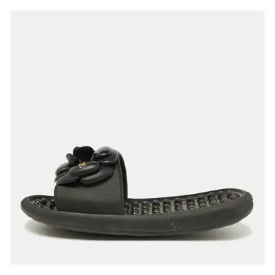 Chanel Black Textured Rubber CC Camellia Flat Slides Size